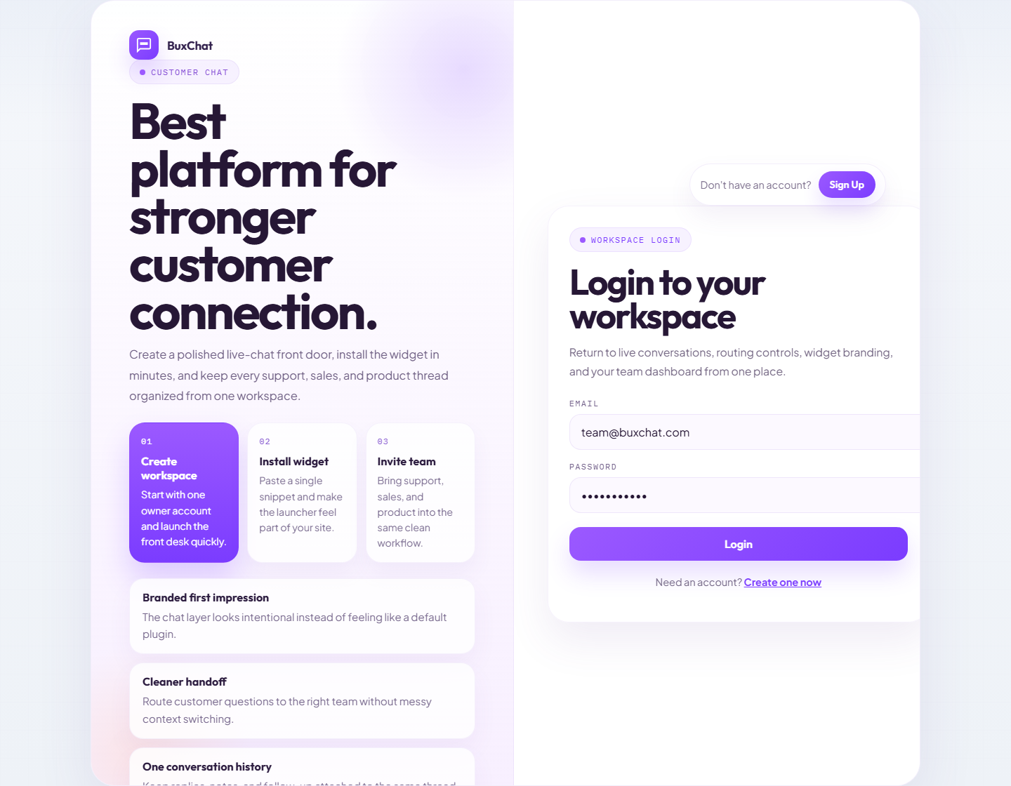 BuxChat workspace login screen