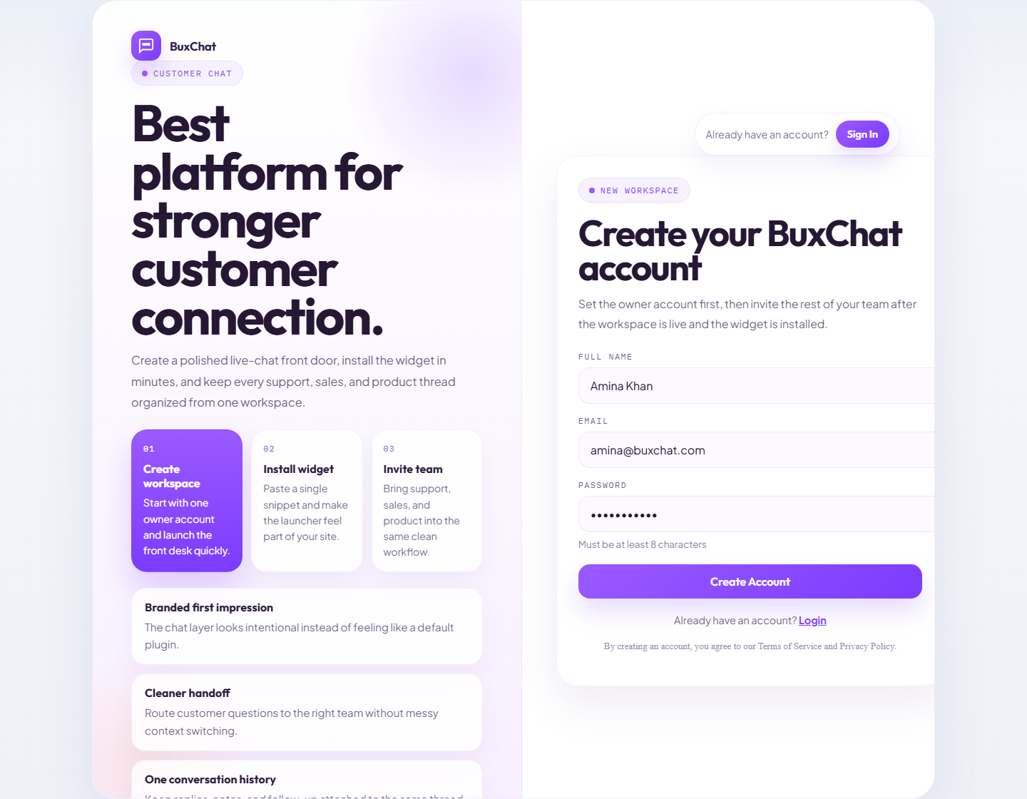 BuxChat first owner signup screen